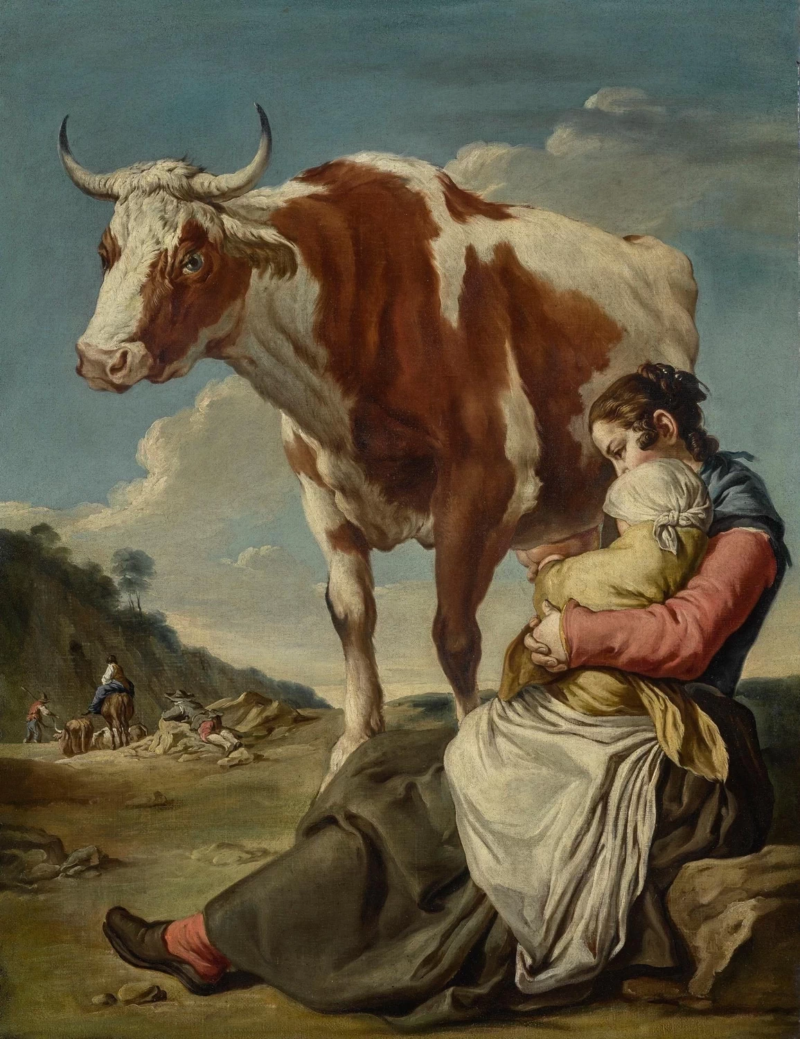 Giacomo Ceruti, il Pitocchetto - 160, Una madre e il suo bambino che mungono una mucca in un paesaggio